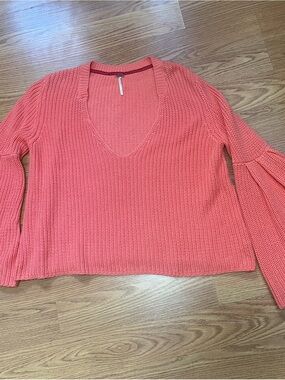 Free People Damsel Sweater Coral V Neck Bell Sleeves